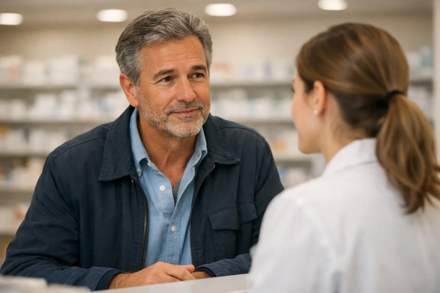 Farmacist oferind consiliere unui pacient cu diabet