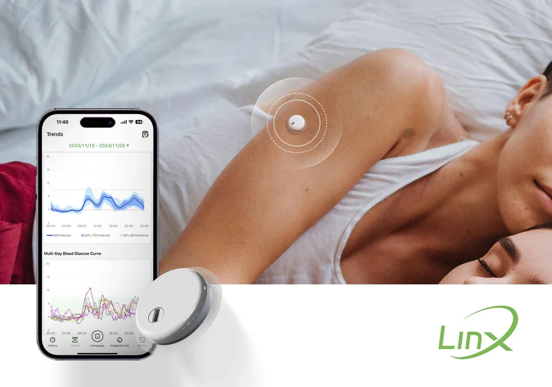 Senzor LinX CGM - Monitorizare automată a glicemiei minut de minut Monitorizare continuă a glicemiei cu senzorul LinX CGM - citiri automate la fiecare 5 minute timp de 15 zile