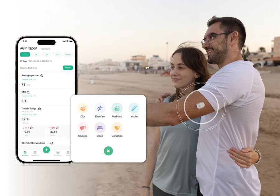 Sibionics GS1 - Aplicație simplă și performantă pentru iOS și Android Cuplu activ folosind aplicația mobilă Sibionics pentru monitorizarea și analiza glicemiei