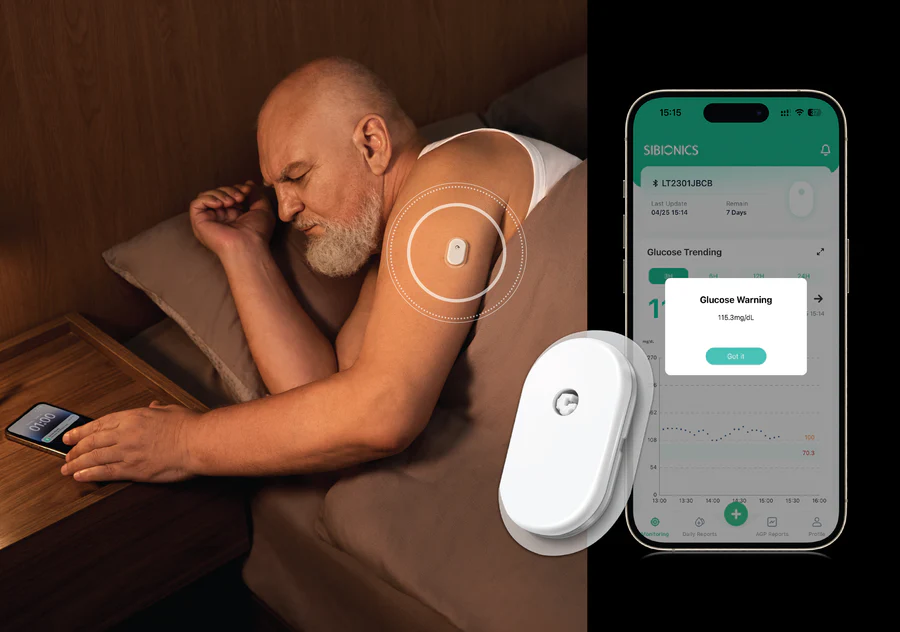 Sibionics GS1 - Monitorizare continuă a glicemiei 24/24, timp de 14 zile Senzor de glicemie Sibionics GS1 aplicat pe braț cu monitorizare continuă a glicemiei în aplicația mobilă