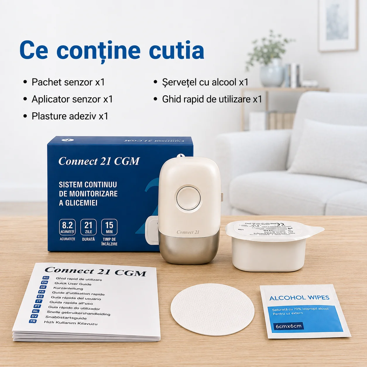 Conținut pachet Connect 21 CGM cu senzor, aplicator și accesorii